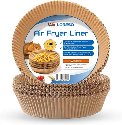 Vista 6 de Forros desechables para freidora de aire, 100 unidades, redondos, de 6 a 7 pulgadas, hojas de papel pergamino antiadherentes para freidoras de aire