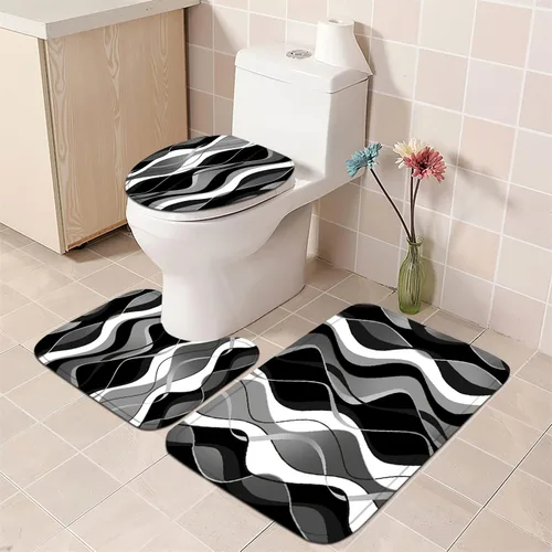 Vista 3 de Nkzply Juego de 4 cortinas de ducha a rayas blancas y negras con cortina de ducha y alfombras, decoración moderna para el hogar, cortinas de ducha