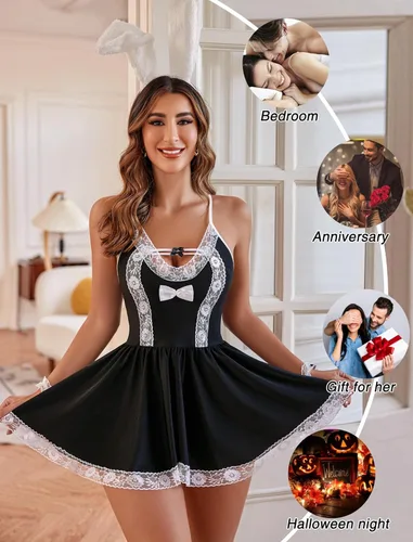 Vista 4 de Avidlove Disfraz de sirvienta para cosplay, conjunto de lencería de malla, babydoll de encaje, juego de rol, 4 piezas, ropa de noche con correa
