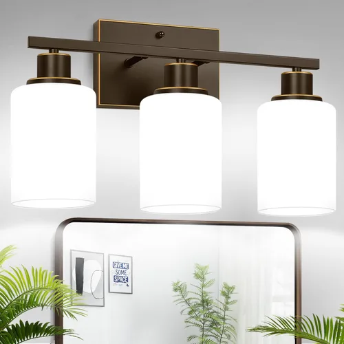 Vista 26 de MOKATNG Juego de 2 apliques de pared para baño, luces de tocador modernas negras con pantalla de vidrio blanco, lámpara de pared de baño