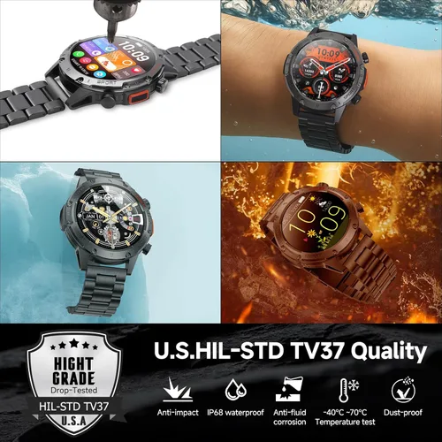 Vista 2 de Relojes inteligentes para hombres, reloj inteligente militar resistente para hombre, cuerpo de acero inoxidable, resistente al agua IP68, espera