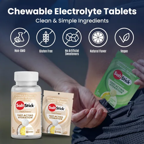 Vista 4 de SaltStick Electrolyte FastChews Pastillas de electrolitos masticables, pastillas de sal para corredores, electrolitos para deshidratación, coco