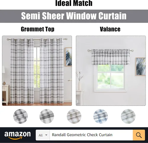 Vista 6 de Dos paneles de cortina Randall de lino con diseño geométrico de cuadros para ventana, mezcla de lino, con ojales semitransparentes, estilo rústico