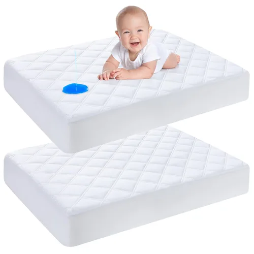 Vista 14 de Yoofoss Protector de colchón impermeable para cuna, paquete de 2, funda acolchada para colchón de cuna, ultra suave y transpirable, lavable a