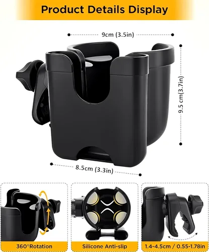 Vista 4 de Portavasos universal para cochecito con estante de almacenamiento para cochecitos de teléfono celular, soporte de bebida de rotación de 360 grados