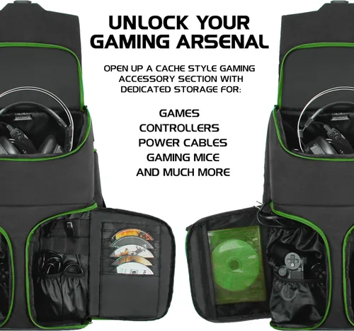 Vista 2 de ENHANCE Mochila Xbox Funda de transporte para Xbox compatible con Xbox One X One S Compartimentos de almacenamiento Gear Arsenal para mandos Xbox