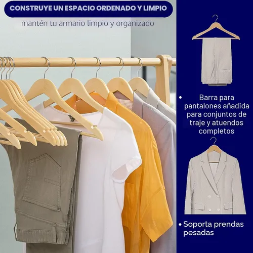 Vista 5 de Amber Home Paquete de 30 perchas de madera para abrigos, perchas de madera natural con barra antideslizante para pantalones, perchas para camisas