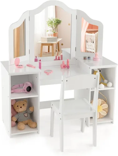 Vista 11 de HONEY JOY - Juego de tocador para niñas, juego de tocador de princesas con espejo y taburete, 4 contenedores de almacenamiento, mesa de maquillaje