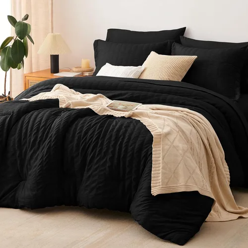 Vista 15 de CozyLux - Juego de edredón doble con sábanas de 5 piezas, color blanco con textura de sirsaca en una bolsa para niñas, juego de ropa de cama de lujo