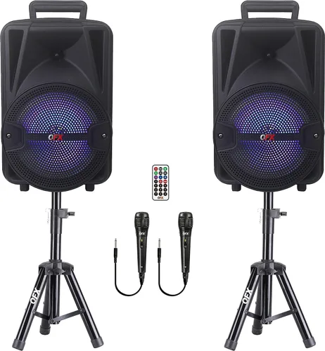 QFX PBX-800TWS Sistema PA estéreo TWS Bluetooth de 8 pulgadas con 2 altavoces de 8 pulgadas, 2 micrófonos, 2 soportes y un control remoto