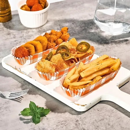 Vista 5 de Ocmoiy 300 bandejas de papel desechables para perros calientes para fiestas y barbacoas, soportes para perros calientes, botes para perros