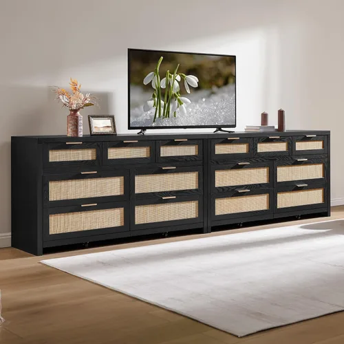 Vista 8 de SICOTAS Cómoda de 7 cajones para dormitorio, cómodas de ratán de 57" de ancho, cómoda grande con cajones para dormitorio, cómoda soporte de TV