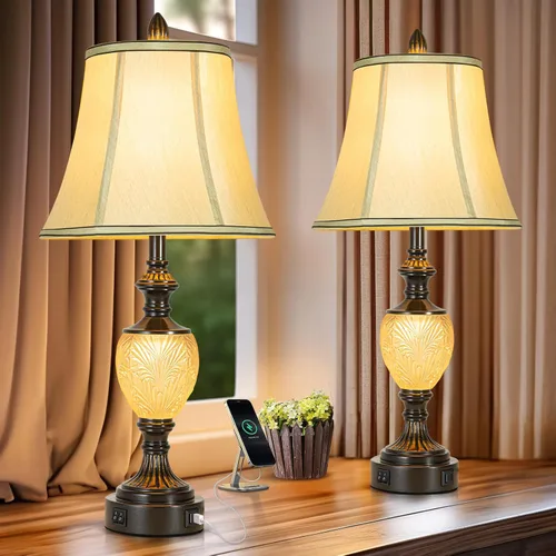 Vista 11 de Juego de 2 lámparas de mesa de noche con luz nocturna y puertos USB A+C, lámparas de mesa vintage de 27" de alto con acabado de hoja de plata