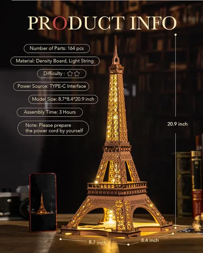 Vista 4 de Rowood Torre Eiffel, kits de modelos de rompecabezas 3D para adultos, rompecabezas de madera 3D DIY para adultos, juego de construcción con LED