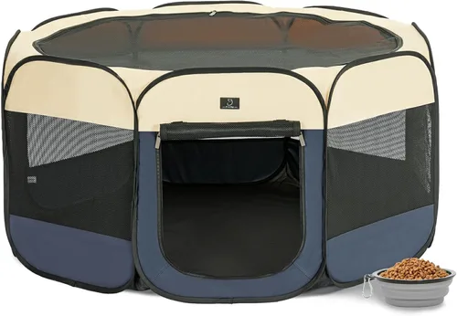 Vista 8 de Corralito para perros pequeños y cachorros, 29.92 pulgadas, portátil, para interiores y exteriores, con cuenco, suelo impermeable, plegable