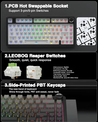 Vista 5 de AULA Teclado mecánico inalámbrico F75 Pro, 75% teclado personalizado intercambiable en caliente con perilla, retroiluminación RGB, interruptores