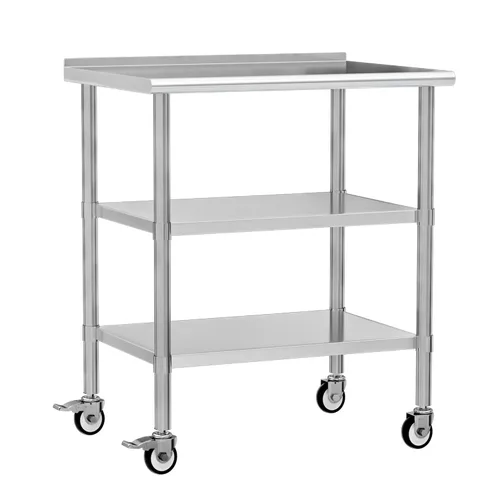 Vista 19 de Mesa de trabajo de acero inoxidable con ruedas, 24x24 pulgadas, mesa de preparación de alimentos NSF con salpicadero y estante inferior ajustable
