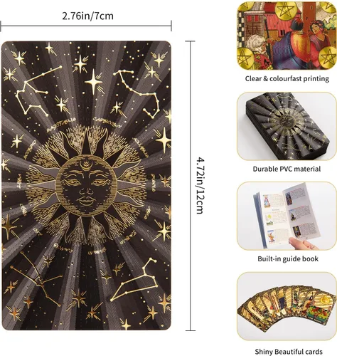 Vista 3 de Tarjetas de tarot con libro guía, juego de 80 cartas de tarot doradas con 4 portatarjetas de tarot de madera, cubierta de tarot impermeablejuego
