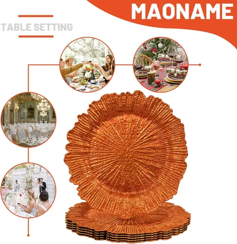 Vista 7 de MAONAME Platos Base Naranjas, Platos Base de Arrecife para Plato de Cena, Platos Base de Plástico de 13 Pulgadas para Decoración de Bodas, Juego de 6
