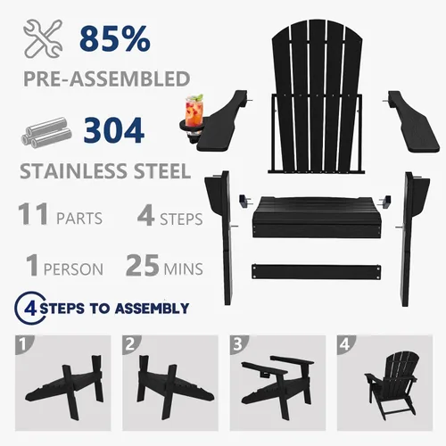 Vista 6 de Plawdlik Silla plegable Adirondack, probada por SGS, textura de madera con portavasos, resistente a todo tipo de clima, HDPE, cómoda para piscina