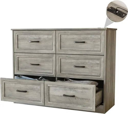 Vista 7 de Fameill - Cómoda para dormitorio, organizador de 6 cajones con estación de carga, cómoda alta para pasillo, cómoda de madera con tiradores de metal