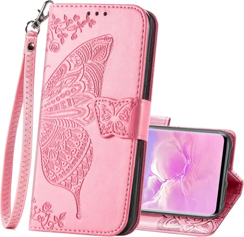 Vista 10 de Funda protectora de piel sintética para Samsung Galaxy S10e, con tapa para mujer, con correa para la muñeca, ranuras para tarjetas, bolsillo en Azul