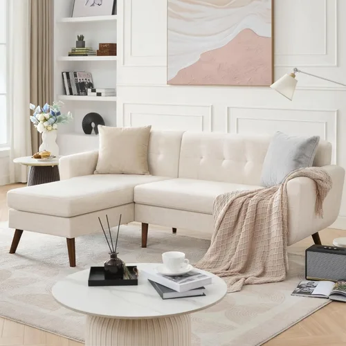 Vista 13 de Tbfit Sofá moderno de mediados de siglo, beige, sofá biplaza y silla decorativa linen fabric, button tufted, solid wood foot, pocket spring, wood