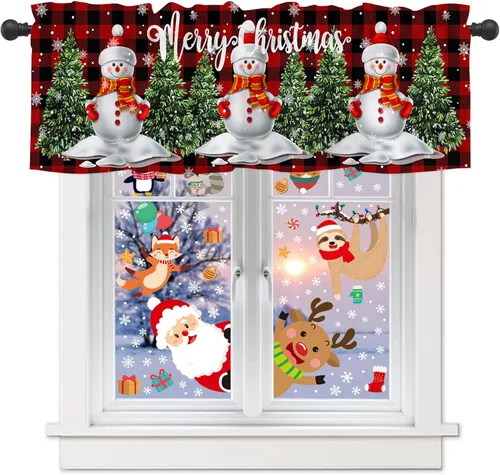 Vista 9 de Cenefas de cortina de cocina con diseño de muñeco de nieve azul para ventanas, cenefa de Navidad para cortinas y cortinas de ventana de cocina