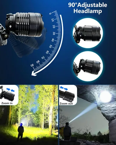 Vista 7 de Linterna frontal recargable de 100,000 lúmenes, luz LED brillante, 40 horas de funcionamiento, faros impermeables para frente, faros delanteros de 3