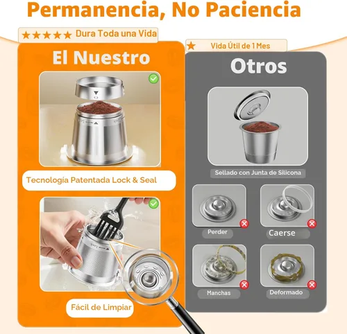 Vista 3 de Paquete de 2 tazas K reutilizables para Keurig, cápsulas de café de acero inoxidable para cafetera Keurig de 1 punta, sin junta de sellado,