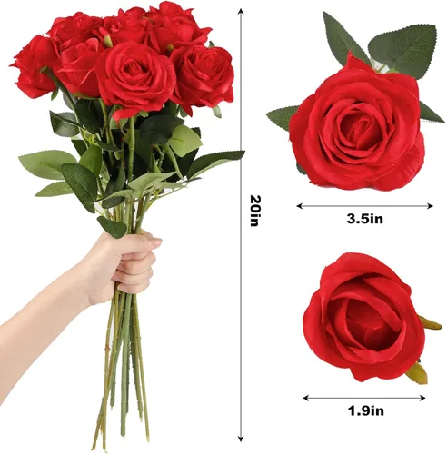 Vista 2 de CEWOR 15 rosas artificiales con tallos, rosas rojas, flores artificiales de San Valentín, decoración para el día de la madre, ramo de novia, boda