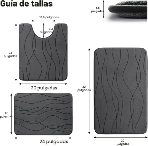 Vista 2 de YIHOUSE Juego de alfombras de baño de espuma viscoelástica, 3 piezas, color gris oscuro