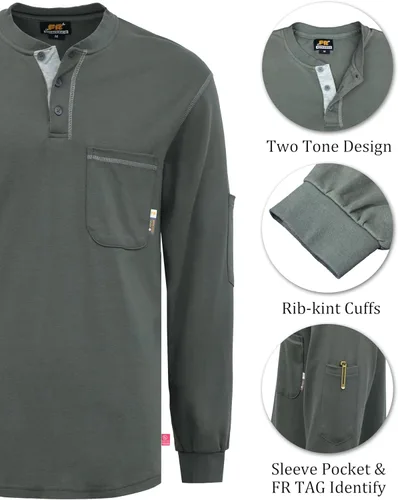 Vista 29 de KONRECO Camisas FR para hombres de manga larga Henley 7oz 100% algodón FRC camisa de soldadura de ropa