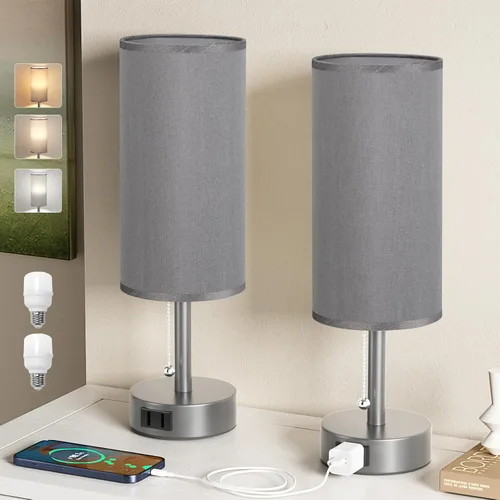 Vista 20 de Fenmzee - Juego de 2 lámparas de mesa de noche con 3 temperaturas de color, lámpara de cadena con puerto de carga de CA, redonda, para dormitorio
