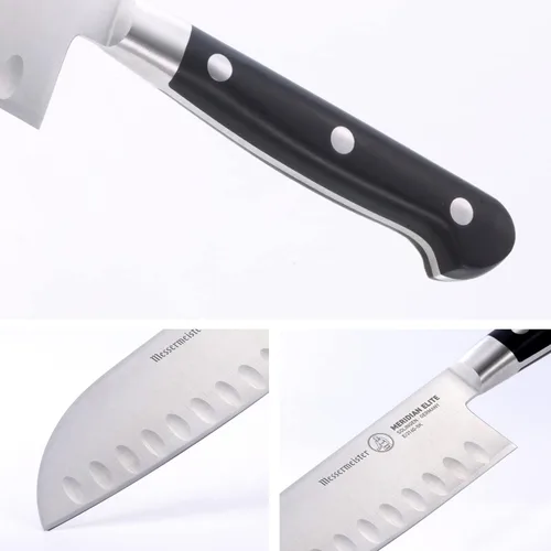 Vista 4 de Messermeister Meridian Elite - Cuchillo Santoku Kullenschliff de 5 pulgadas, cuchillo de chef japonés, hoja de aleación de acero alemán, resistente