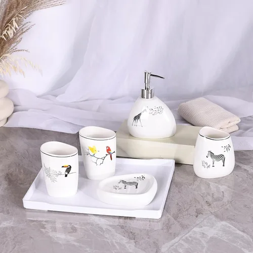 Vista 5 de Juego de accesorios de baño blancos, decoración moderna de baño de encimera, juego de accesorios de baño de lujo de 6 piezas, completo