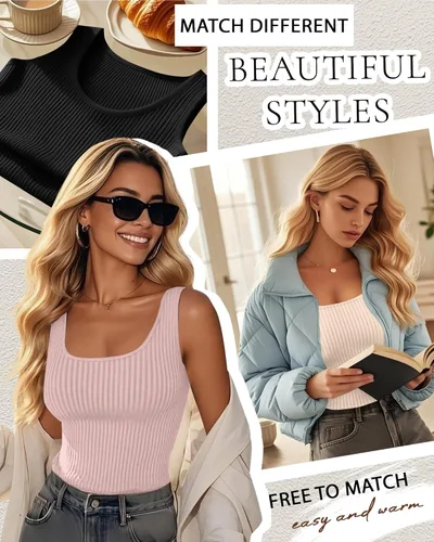 Vista 2 de Paquete de 3 camisetas térmicas sin mangas acanaladas para mujer, de forro polar de algodón, cuello redondo, ajustadas, capa base de camisola