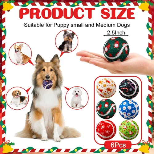 Vista 2 de Civaner 6 piezas pelotas de tenis chirriantes de Navidad para perros de 2.5 pulgadas, juguetes para perros a granel para perros pequeños, medianos