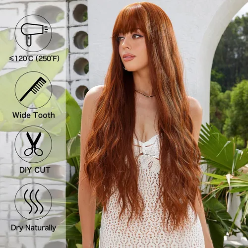 Vista 3 de Allbell Pelucas de jengibre para mujer, peluca larga y ondulada, peluca con flequillo, cabello sintético resistente al calor, de aspecto natural