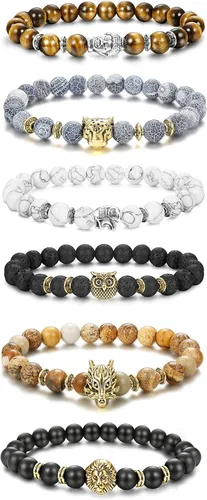 Vista 2 de FINREZIO Juego de 6 pulseras de cuentas para hombre con dije de dragón león y pantera pulsera de piedra natural 0315in
