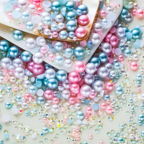 Vista 65 de 60g de perlas planas doradas con parte trasera de diamantes de imitación para manualidades, tamaño mixto de 3mm-10mm, color AB, redondas, cuentas