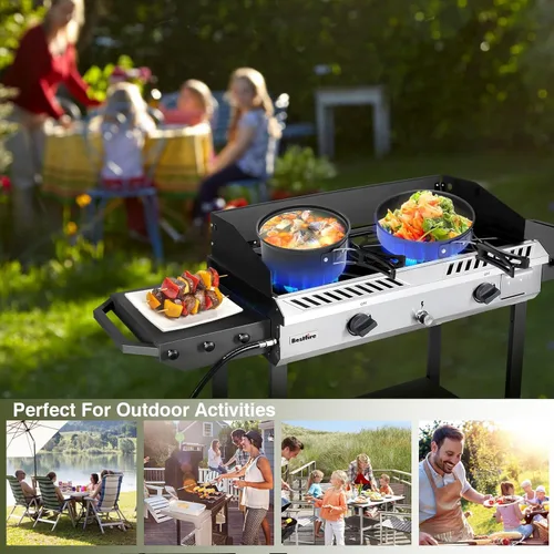 Vista 7 de Bestfire Estufa de propano de 2 quemadores, estufas de gas para acampar al aire libre, 150,000 BTU, encendido automático con regulador y estantes