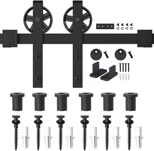 Vista 6 de WINSOON Kit de herrajes para puerta corredera de granero de madera individual de 5-16 pies, negro básico, rueda de radios grandes, kit de rodillos
