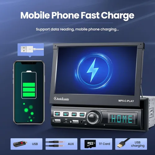 Vista 5 de Estéreo de Coche Individual DIN Apple Carplay y Android Auto 1 DIN 7 Pulgadas Pantalla Táctil Abatible Radio de Coche con Bluetooth y Micrófono