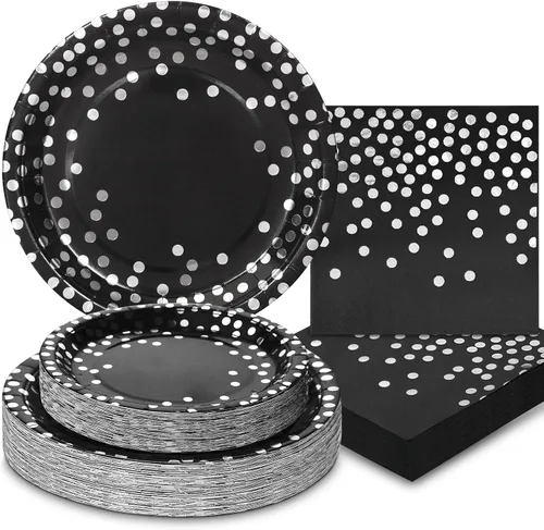 150 platos negros y servilletas suministros para fiesta, platos de papel negro Severs 50, decoraciones de fiesta plateadas para graduación,