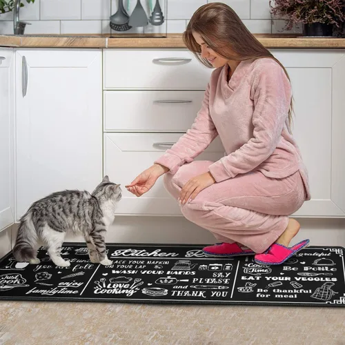 Vista 8 de Juego de 2 alfombras de cocina en blanco y negro con temática de reglas de cocina, antideslizantes, 2 piezas para piso, lavables, absorbentes