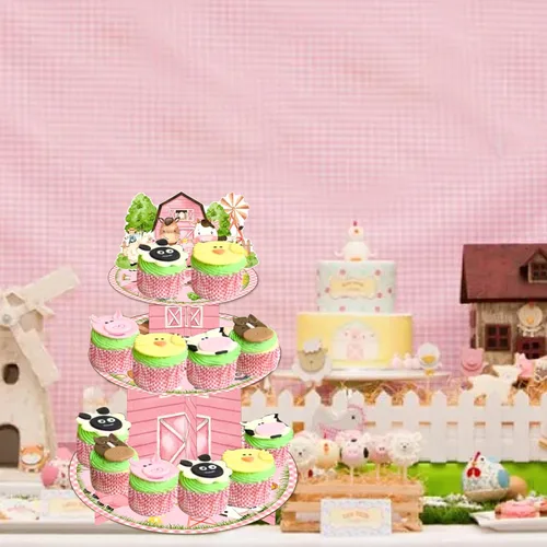Vista 4 de Soporte para cupcakes de animales de granja rosa de 3 niveles para fiesta de cumpleaños de granja, torre de granero, fiesta, soporte para decoración