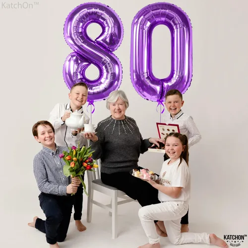 Vista 7 de KatchOn, Globos gigantes morados del número 80 – 40 pulgadas Decoraciones de cumpleaños 80 para mujer Globo de cumpleaños 80 morado Globos