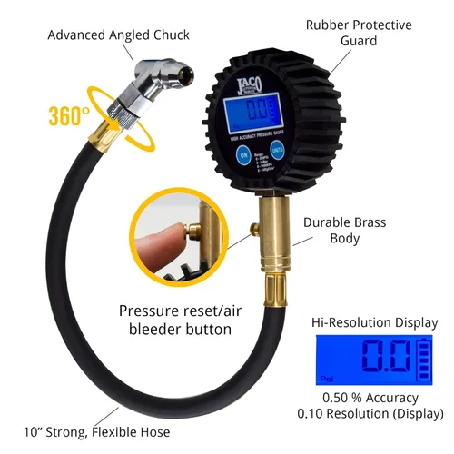 Vista 6 de JACO ElitePro - Medidor digital de presión de neumáticos con portabrocas de aire para neumáticos Lightning serie T, 200 PSI Medidor de presión