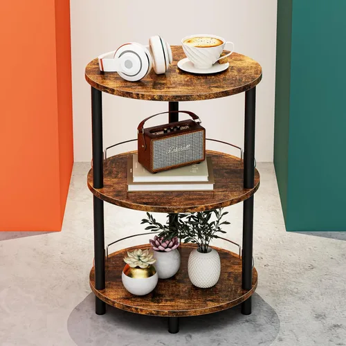 Vista 18 de Mesa auxiliar redonda pequeña, mesa decorativa ovalada de 3 niveles para espacios pequeños, mesa auxiliar de sofá de madera rústica y metal, mesita